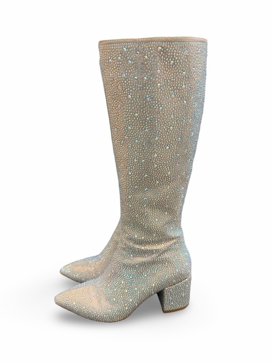 Wet Kiss Shoes - Wetkiss Iridescent Crystal Rhinestone Chunky Heel Knee High Boots Size 6.5